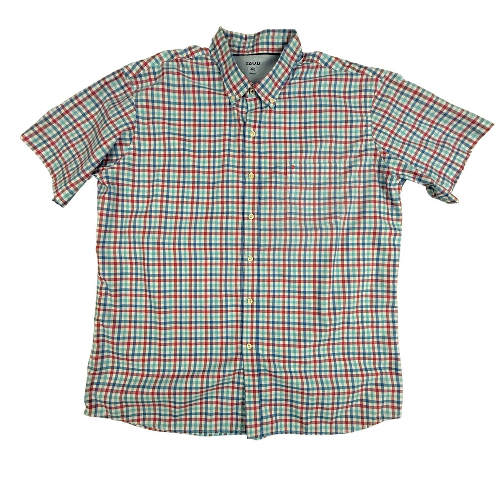 IZOD Mens Plaid Short Sleeve Button‎ Down Shirt XXL Red Blue Green Casual